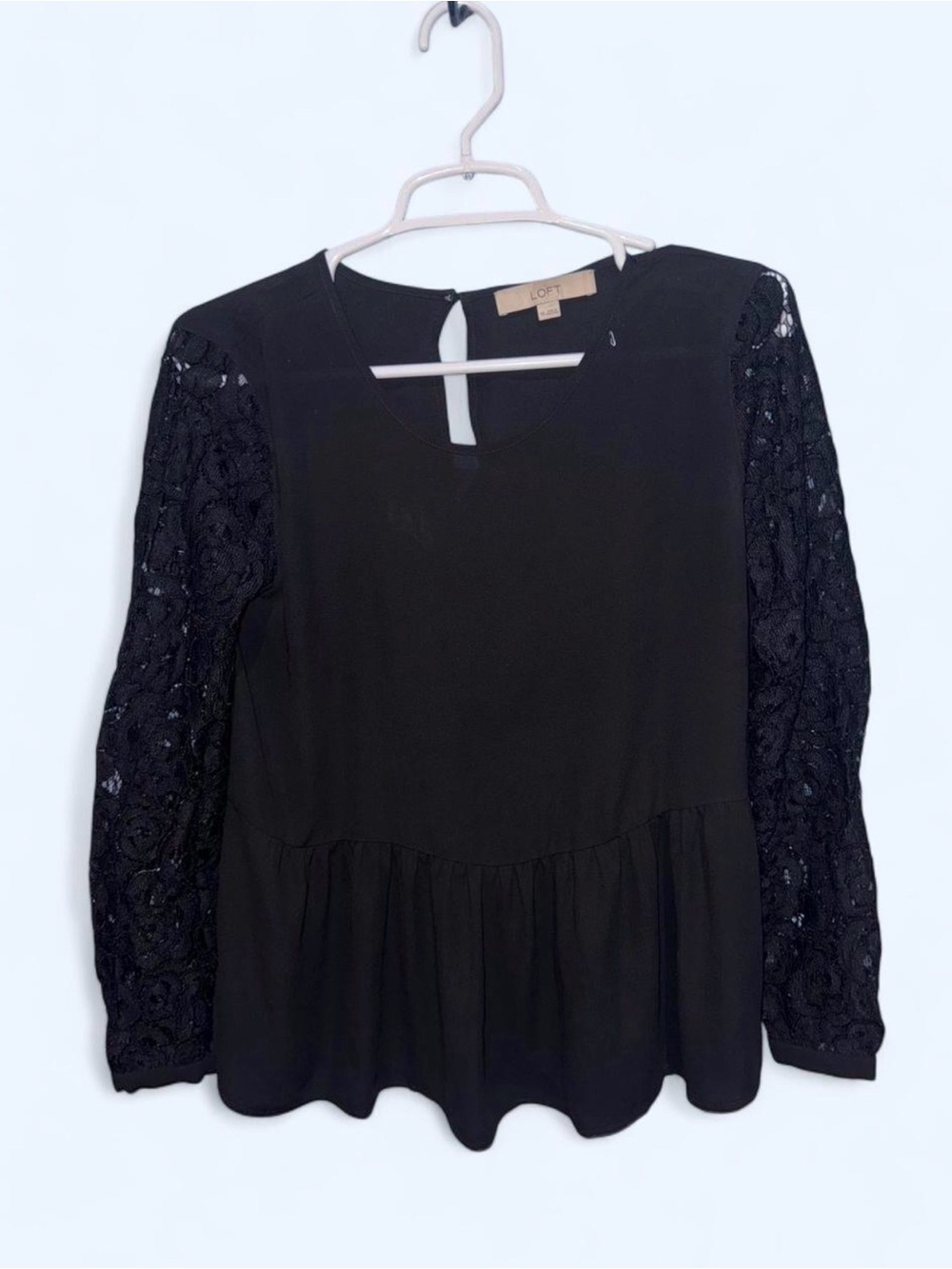 LOFT Black Peplum Blouse with Lace Sleeves